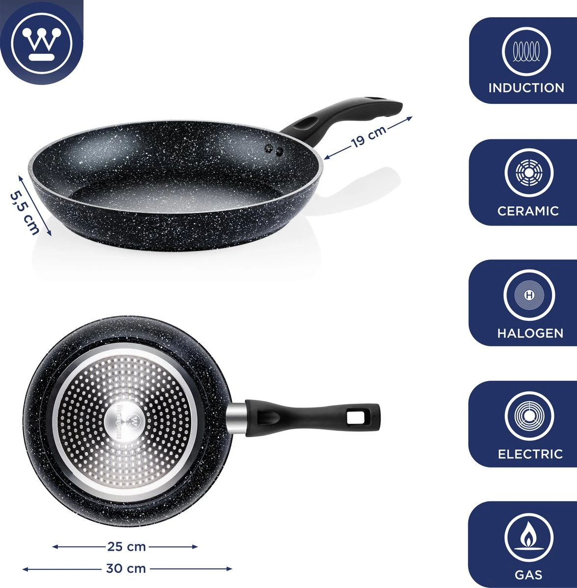Westinghouse Koekenpan - Ø 30 Cm - Zwart Marmer - Geschikt Voor Alle Warmtebronnen Inclusief Inductie 4 Westinghouse Koekenpan - Ø 30 Cm - Zwart Marmer - Geschikt Voor Alle Warmtebronnen Inclusief Inductie - Afbeelding 2