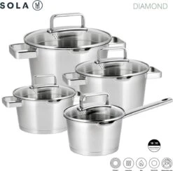 Sola Pannenset Diamond - 4 Delig - Ø 16,16,18,20 Cm - Zilver - RVS - Sandwichbodem -Keukengerei Winkel 1200x1183