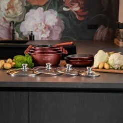 Herenthal Pannenset Inductie - Luxe 10-delige Koekenpan Inductie - Voor Alle Warmtebronnen - Pannen Met Glazen Deksels En Koudgrepen - Burgundy -Keukengerei Winkel 1200x1200 120