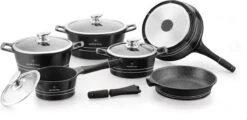Herenthal Luxe Pannenset - 14-delig - Glazen Deksel - Inductie - Marmeren Coating - PFAS-vrij - Zwart - ES1014M