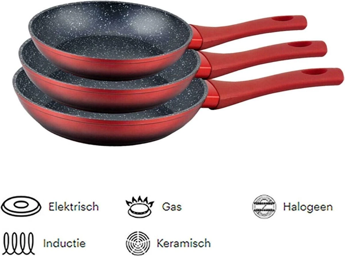 Royal Swiss Koekenpannenset 3-delig (rood) Marmeren Coating 3 Royal Swiss Koekenpannenset 3-delig (rood) Marmeren Coating