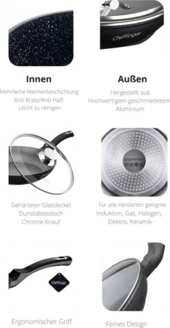 Cheffinger Koekenpan - Met Deksel - Marmeren Coating - 26 Cm - Zwart -Keukengerei Winkel 623x1200